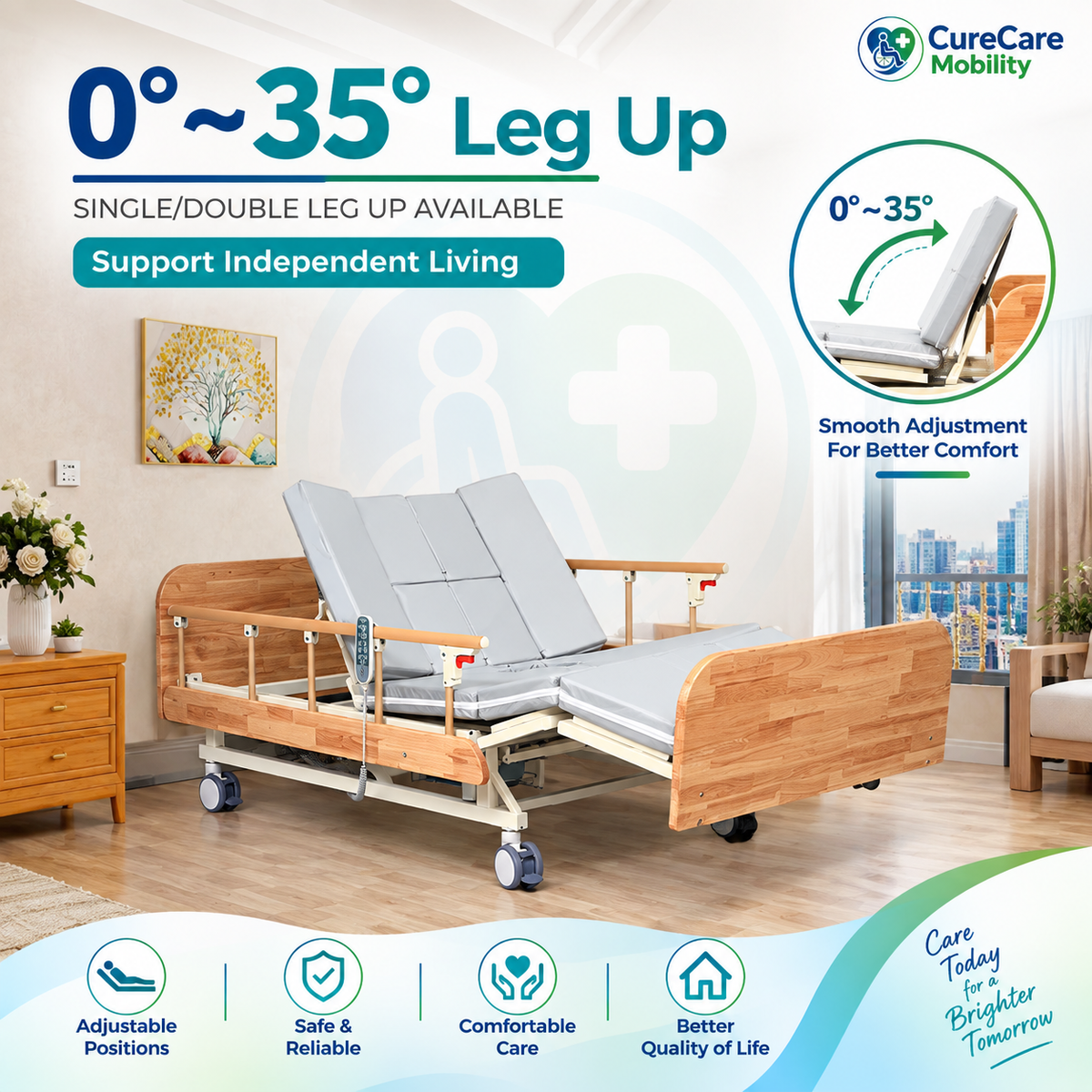 Electric Nursing Bed with Mattress | Adjustable Home Care Hospital Bed | 5 Function Motorized Medical Bed