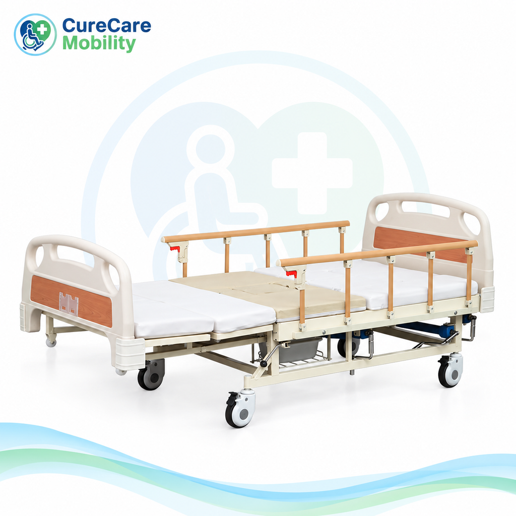 Manual Nursing Bed with Mattress | Adjustable Hospital Bed with Side Rails & Bedpan
