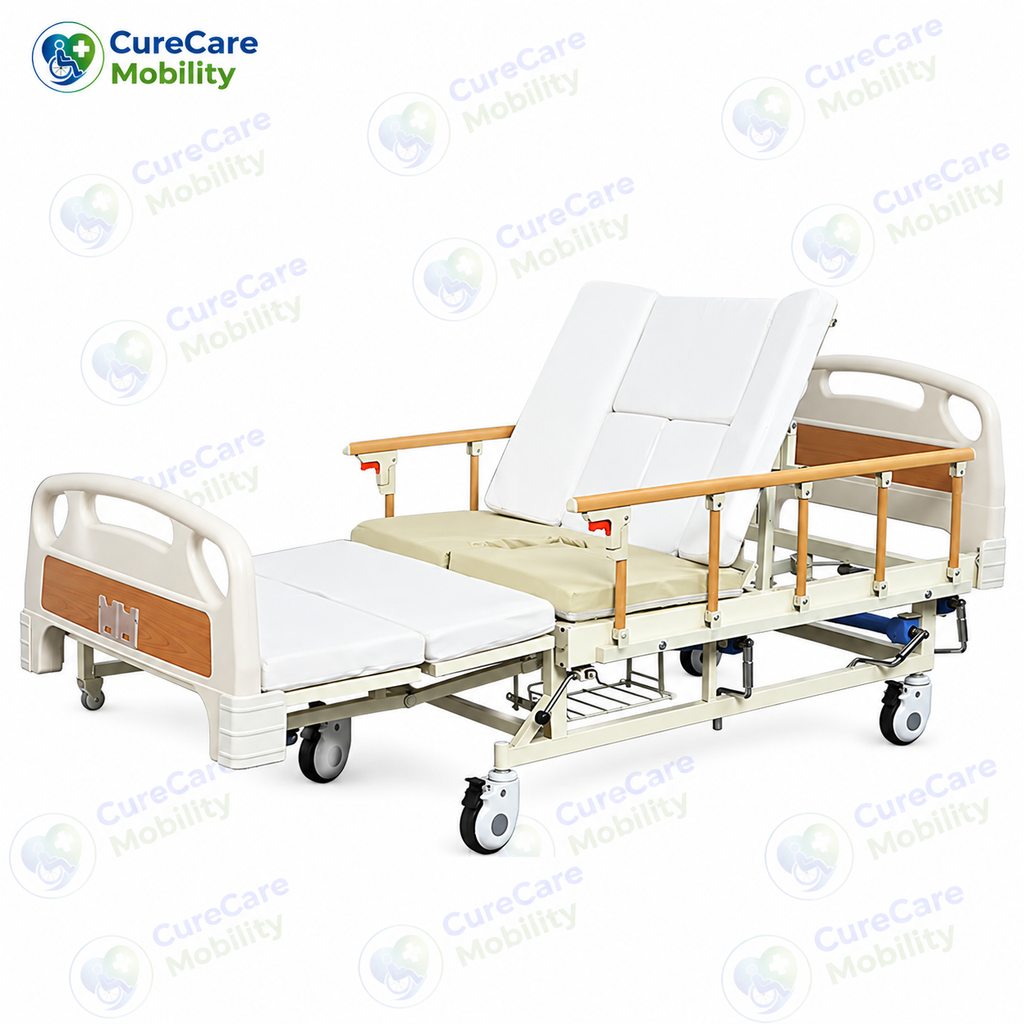 Manual Nursing Bed with Mattress | Adjustable Hospital Bed with Side Rails & Bedpan