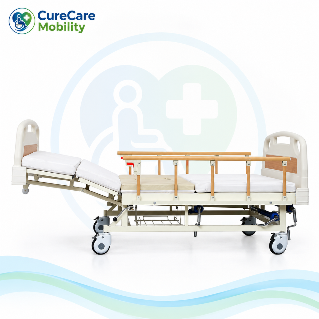 Manual Nursing Bed with Mattress | Adjustable Hospital Bed with Side Rails & Bedpan