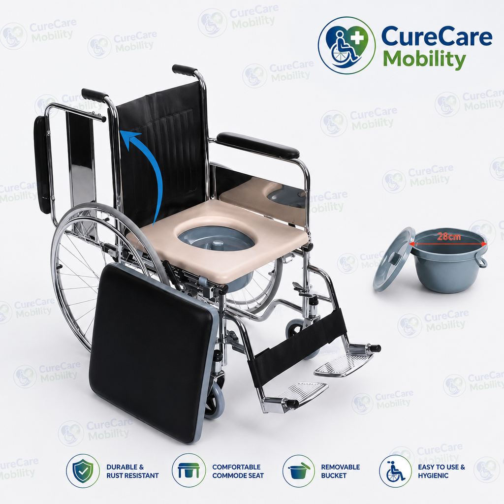 Foldable Commode Wheelchair with Flip-Up Armrest & Removable Commode Bucket