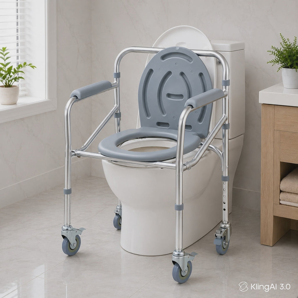 Height Adjustable Foldable Commode Chair with Wheels | Multipurpose Portable Toilet Chair