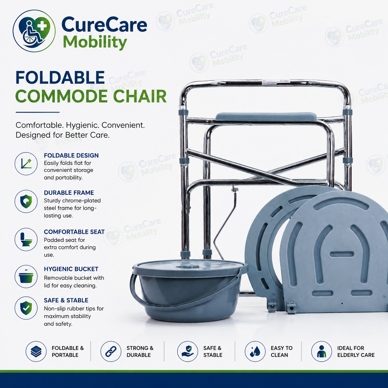 Height Adjustable Multipurpose Portable Commode Chair | Foldable Toilet Safety Chair with Bucket