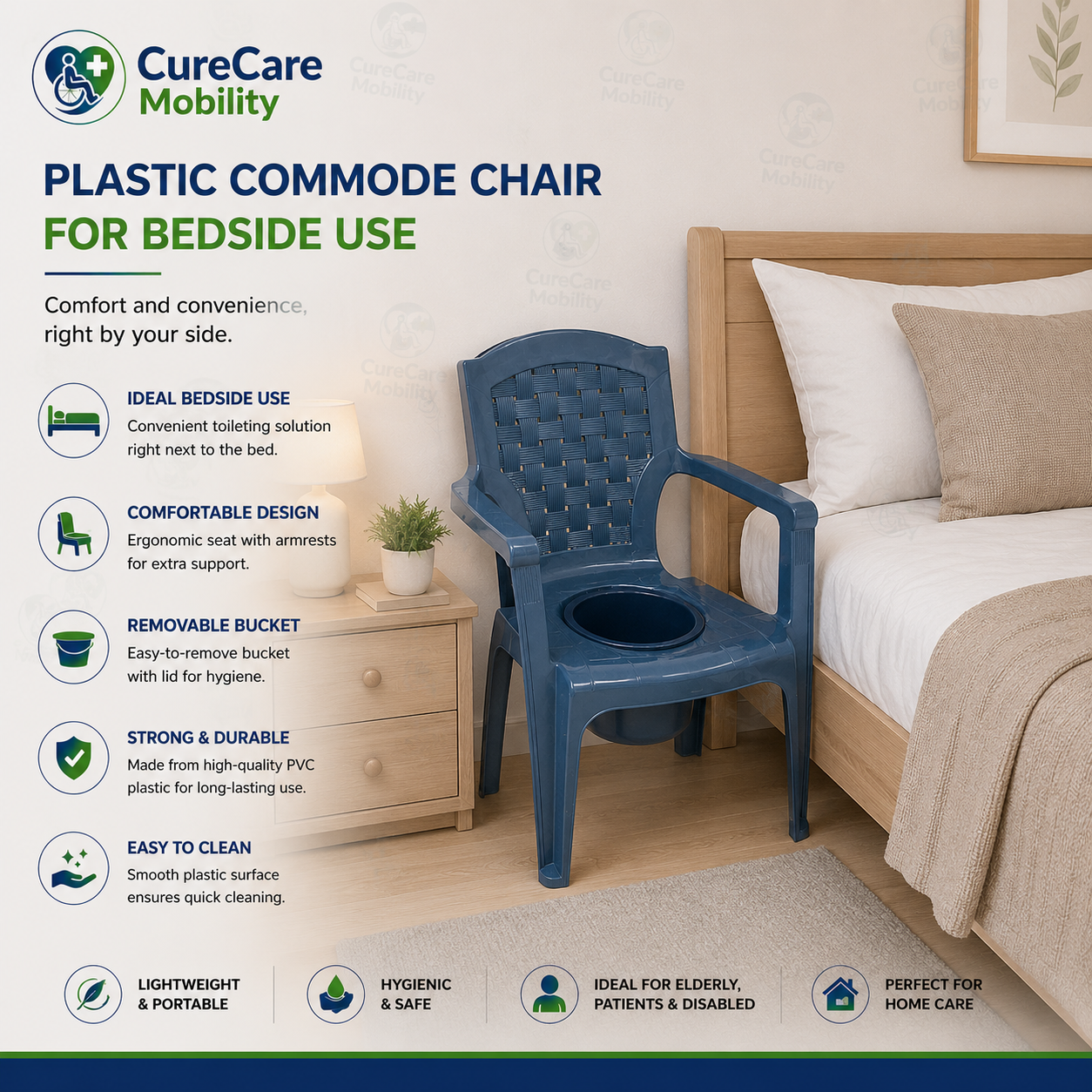 Plastic PVC Commode Toilet Chair with Removable Bucket | Portable Toilet Chair for Elderly & Patients