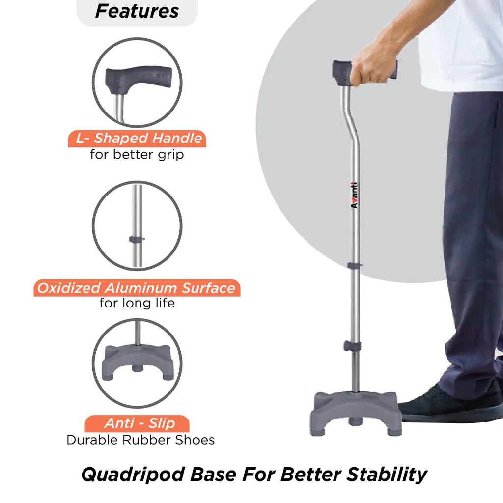 Vissco L-Shape Quadripod Walking Stick | Aluminium 4 Leg Walking Stick