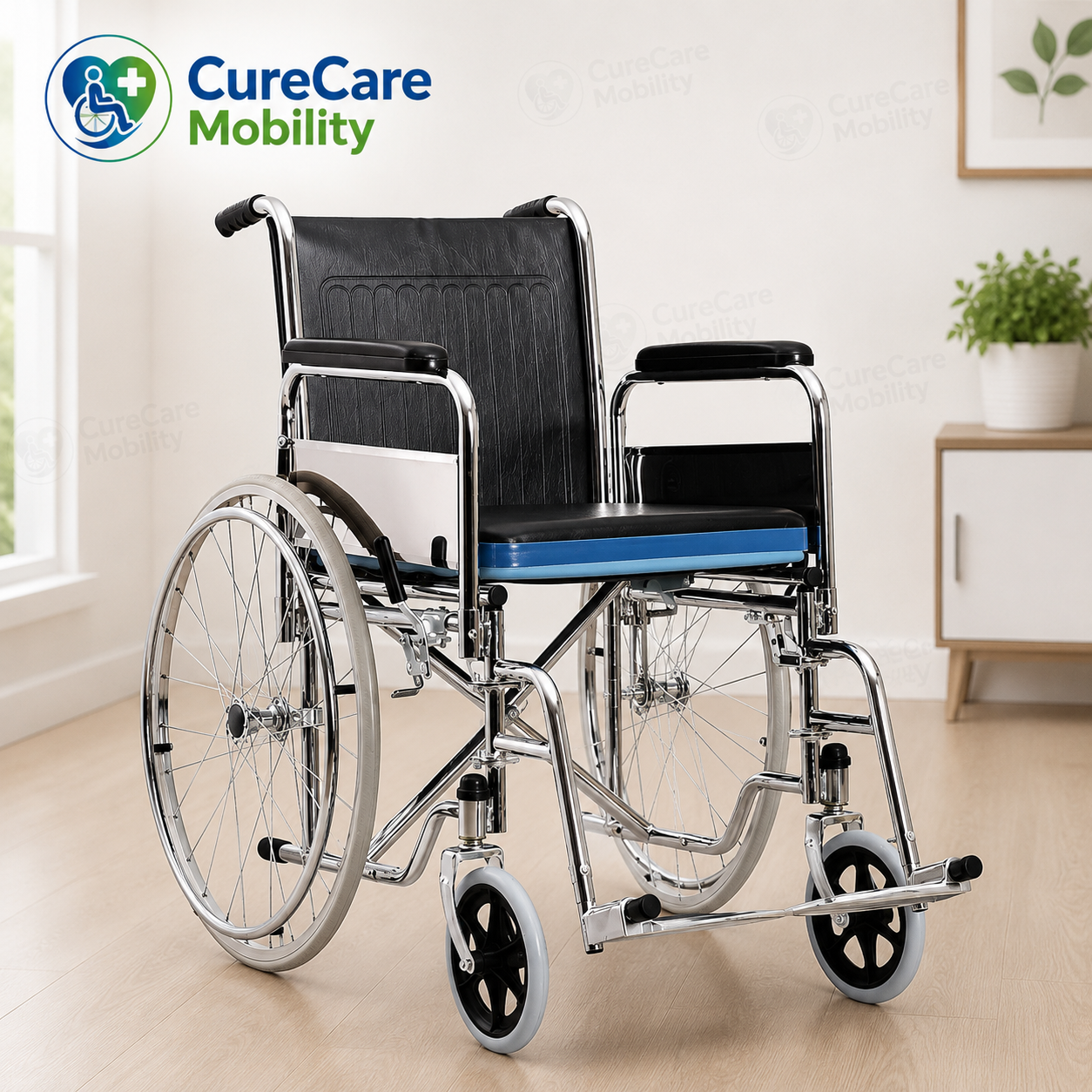 Self propelled foldable commode wheelchair With Removable bucket