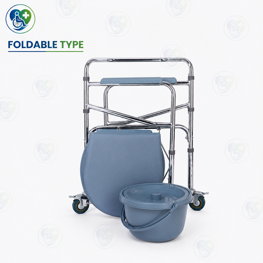 Height Adjustable Foldable Commode Chair with Wheels | Multipurpose Portable Toilet Chair