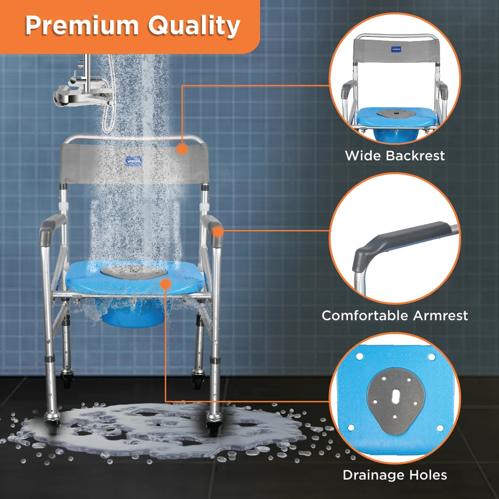 3-in-1 Foldable Commode Shower Chair with Castors | Height Adjustable Bath & Toilet Chair