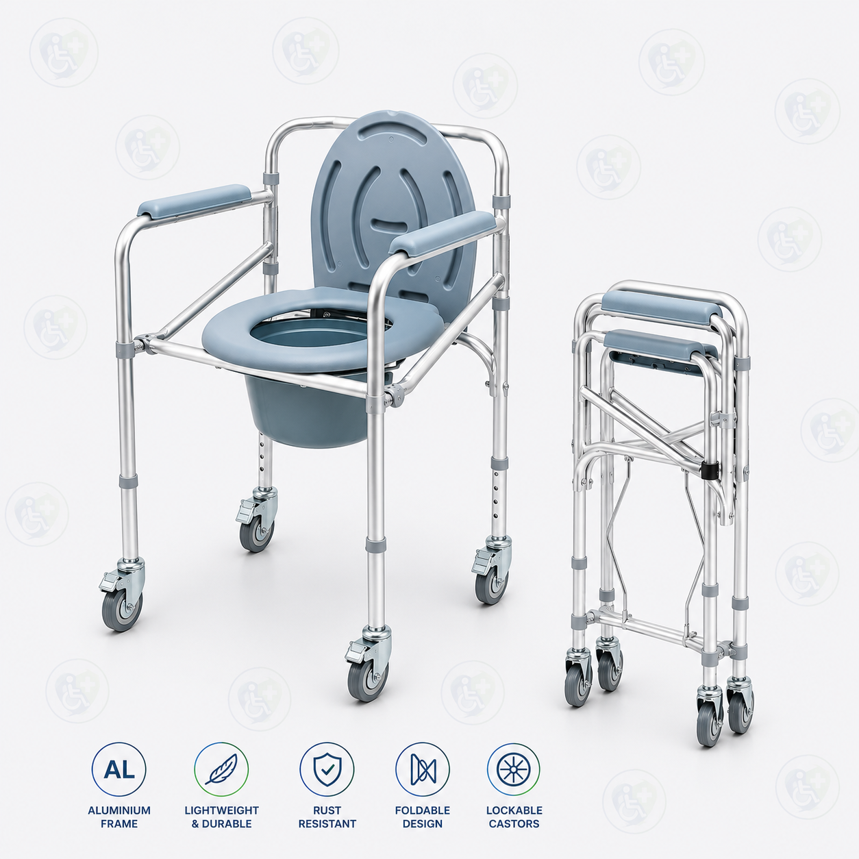 Aluminium Commode Chair with Wheels | Height Adjustable | Portable Toilet Chair
