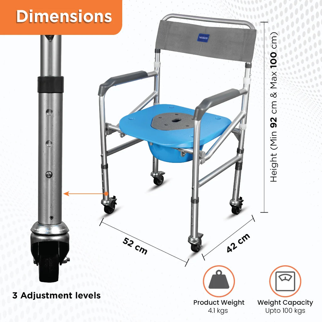 3-in-1 Foldable Commode Shower Chair with Castors | Height Adjustable Bath & Toilet Chair