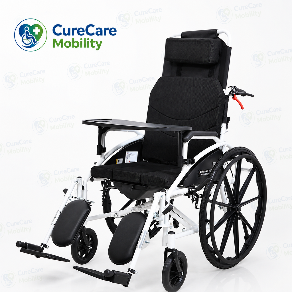 Reclining Commode Wheelchair with U Cut Seat, Food Tray & Adjustable Leg Support