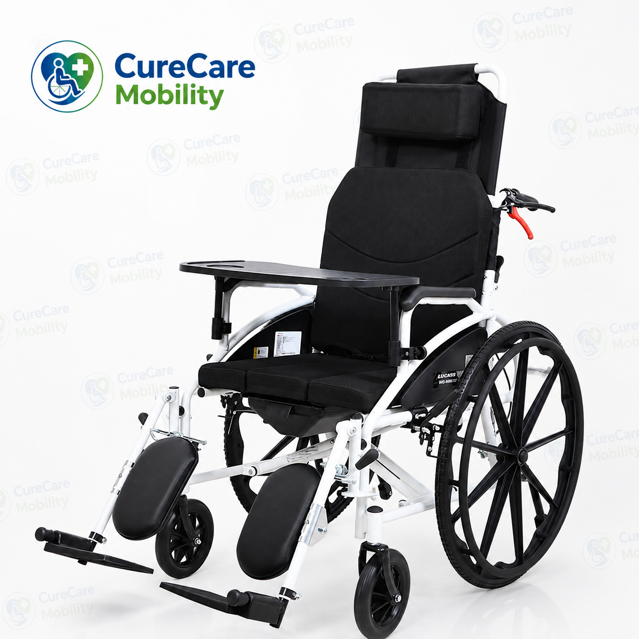 Reclining Commode Wheelchair with U Cut Seat, Food Tray & Adjustable Leg Support