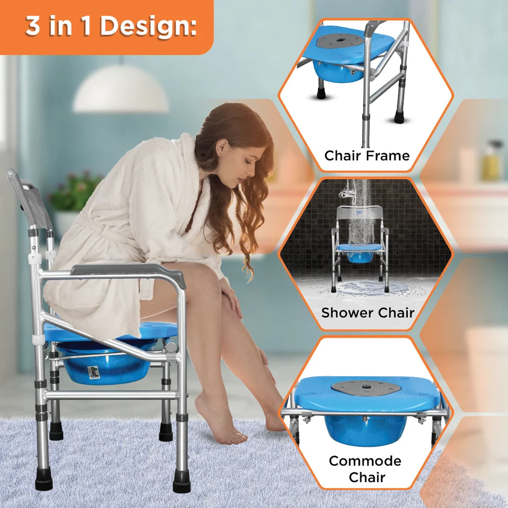 3-in-1 Foldable Commode Shower Chair with Castors | Height Adjustable Bath & Toilet Chair