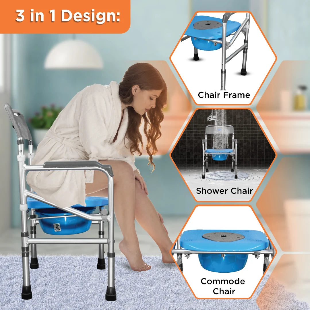 3-in-1 Foldable Commode Shower Chair with Castors | Height Adjustable Bath & Toilet Chair