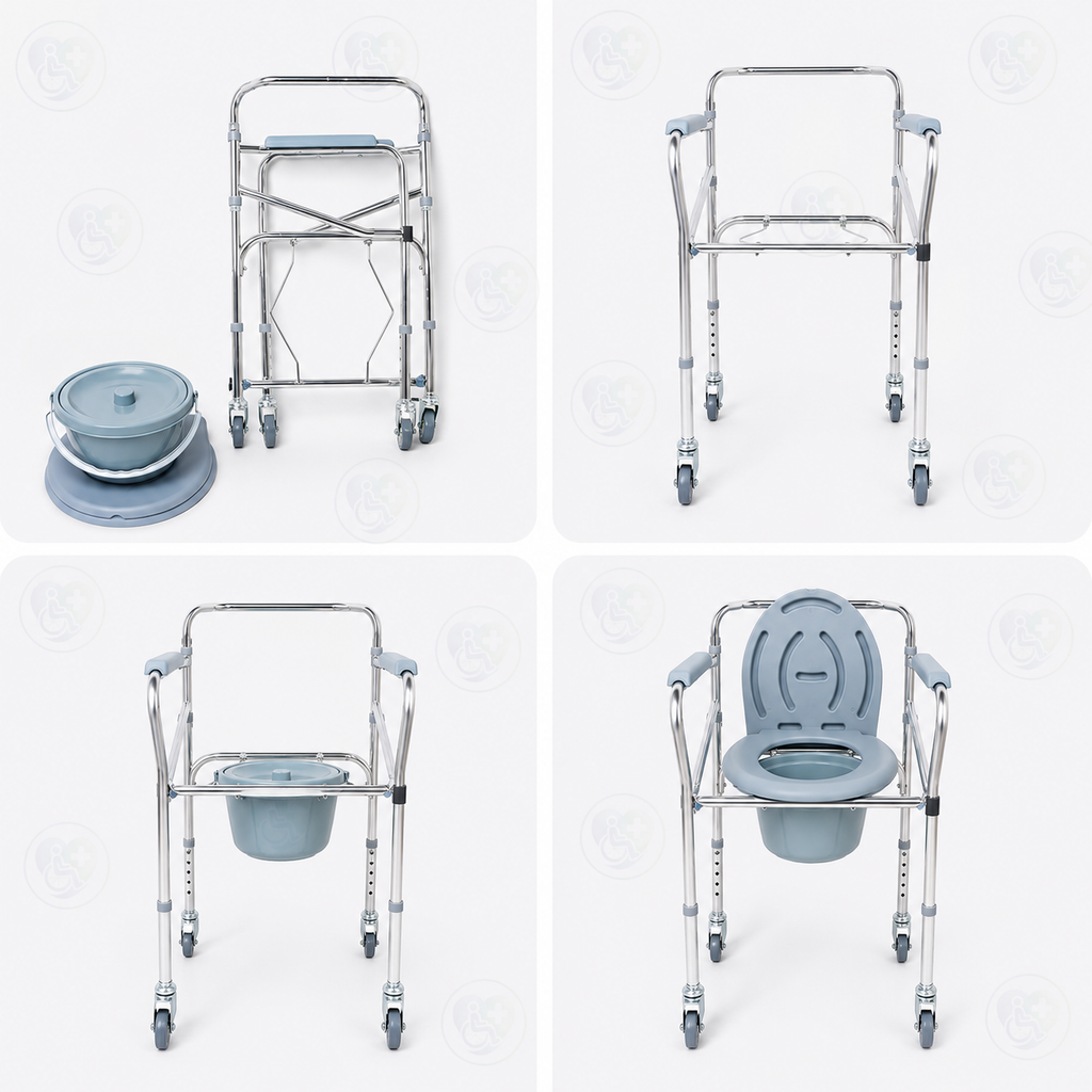 Aluminium Commode Chair with Wheels | Height Adjustable | Portable Toilet Chair
