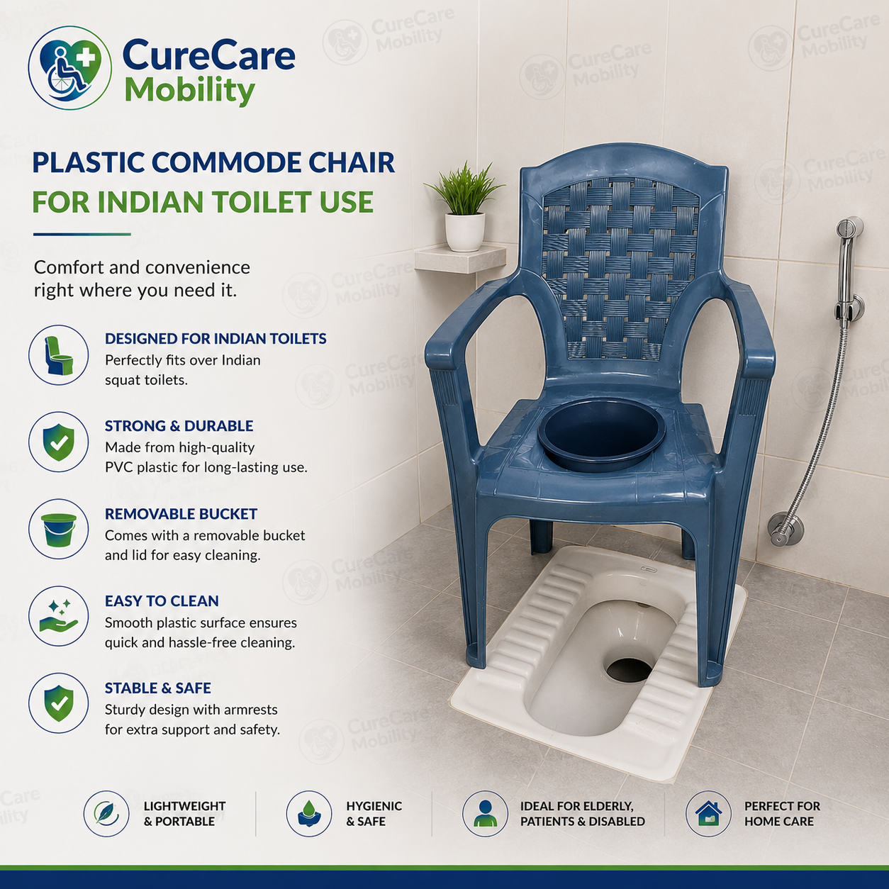 Plastic PVC Commode Toilet Chair with Removable Bucket | Portable Toilet Chair for Elderly & Patients
