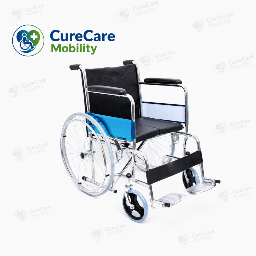 Hard Cushion Seat Wheelchair - Foldable Chrome Steel Manual Wheelchair