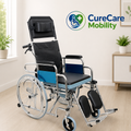 Reclining Foldable Commode Wheelchair | Chromed Steel Recliner Wheelchair with Commode