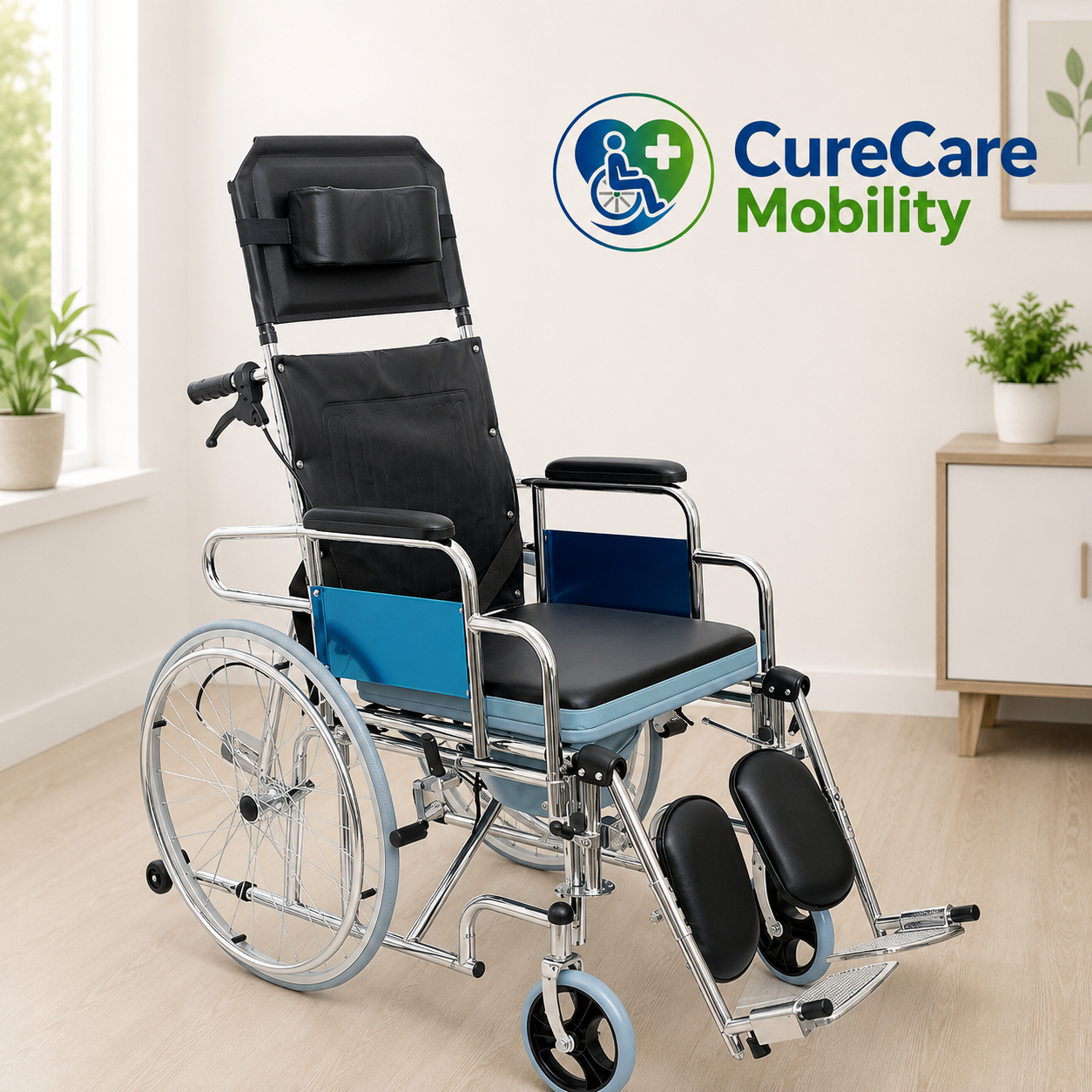 Reclining Foldable Commode Wheelchair | Chromed Steel Recliner Wheelchair with Commode