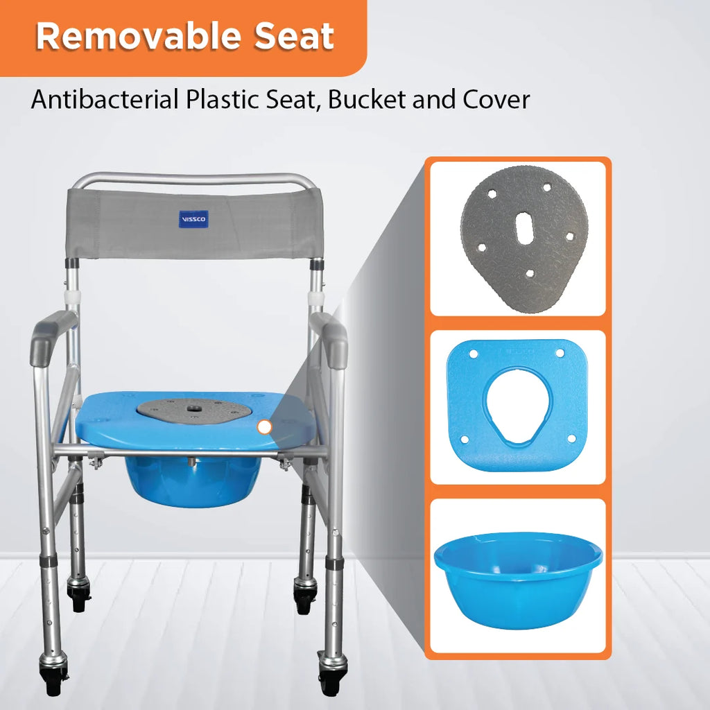 3-in-1 Foldable Commode Shower Chair with Castors | Height Adjustable Bath & Toilet Chair