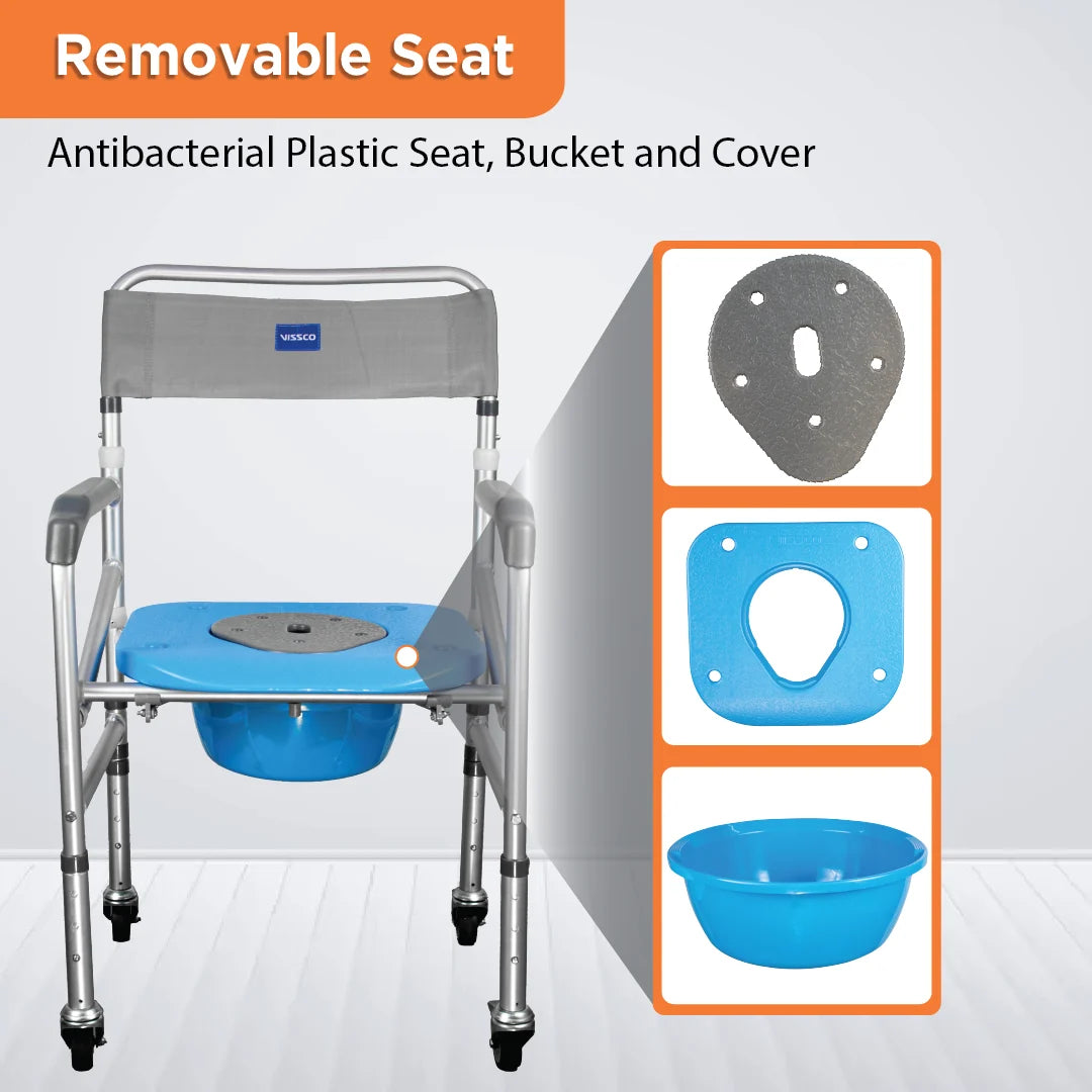 3-in-1 Foldable Commode Shower Chair with Castors | Height Adjustable Bath & Toilet Chair