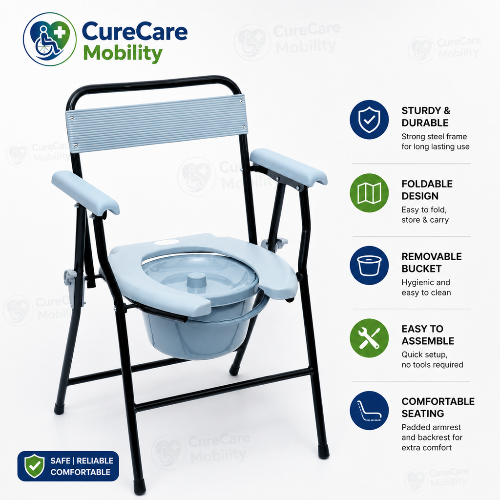 Foldable U-Cut Commode Chair with Removable Bucket | Portable Toilet Chair for Elderly & Patients