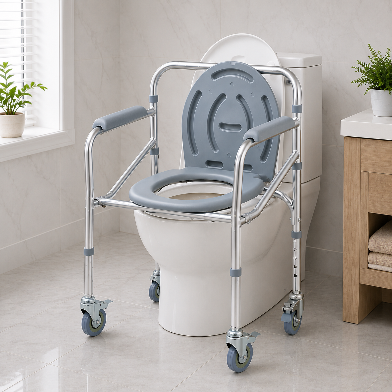 Aluminium Commode Chair with Wheels | Height Adjustable | Portable Toilet Chair