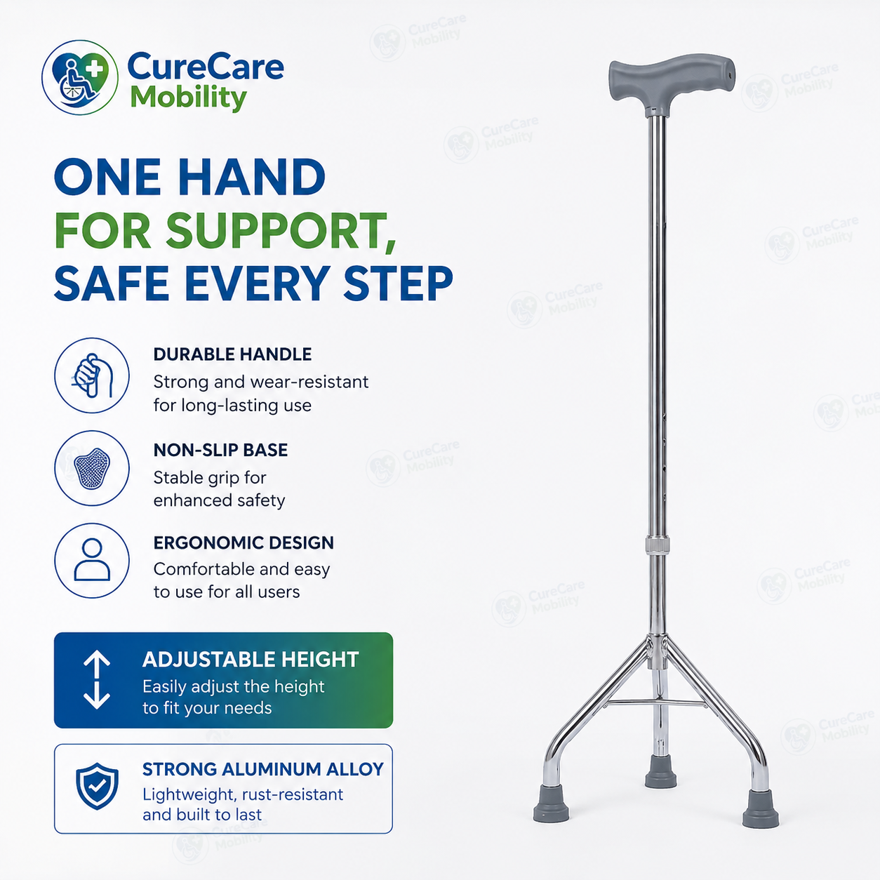 Adjustable Tripod Base Walking Stick | 3 Leg Aluminium Walking Cane