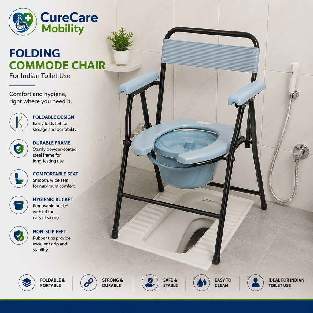 Foldable U-Cut Commode Chair with Removable Bucket | Portable Toilet Chair for Elderly & Patients
