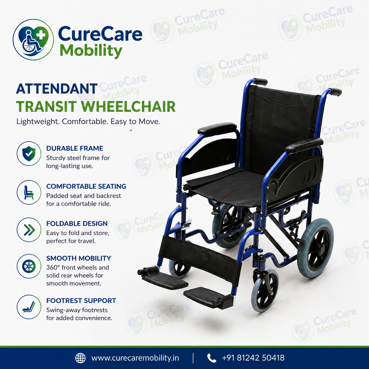Foldable Wheelchair with Removable Arm & Foot Rest | Lightweight Transport Wheelchair
